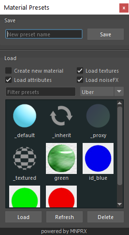 Material presets window